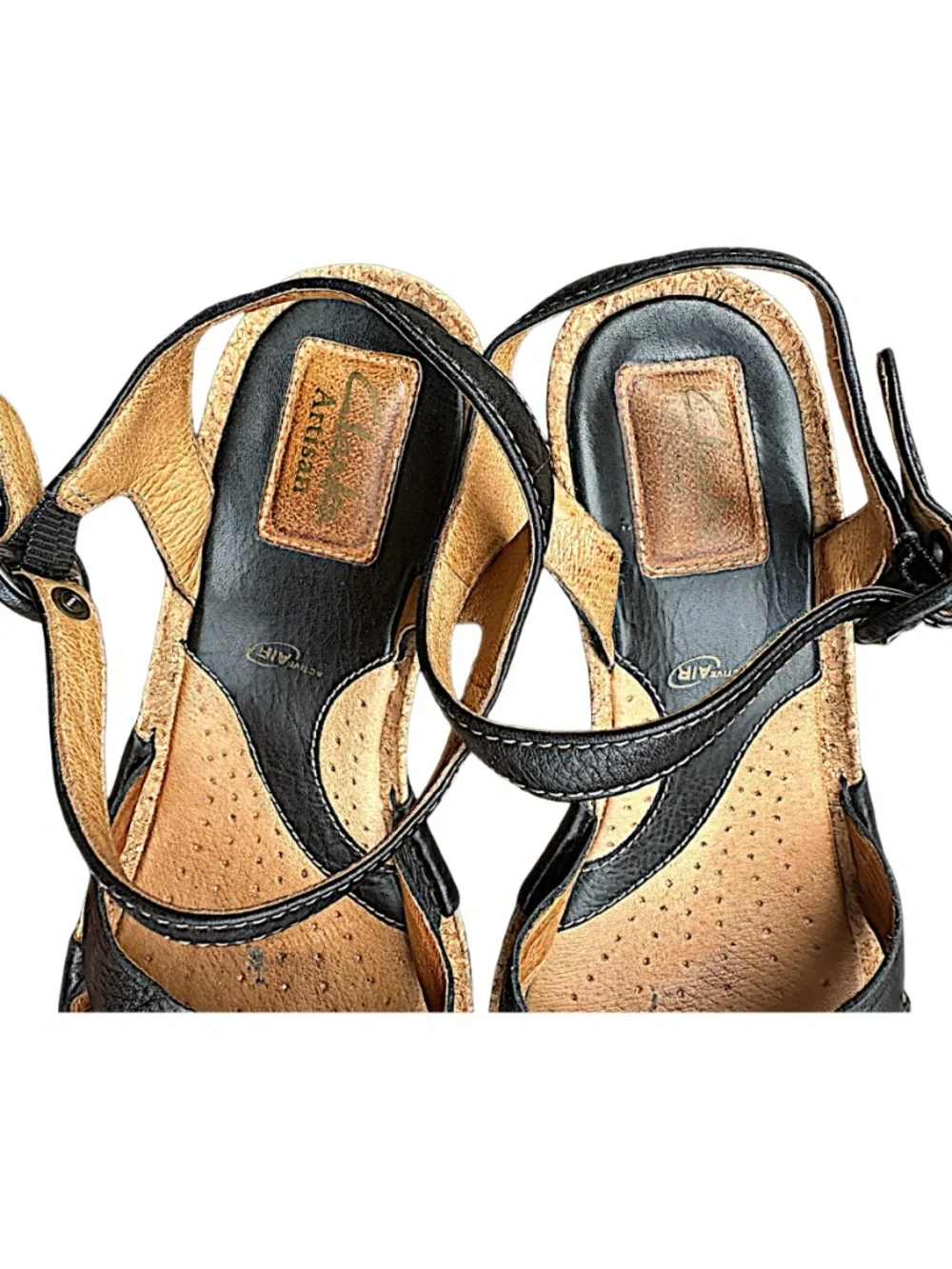 CLARKS Artisan Women’s Wedge Sandals 8Size M Black Leather Cork Heel Shoes
